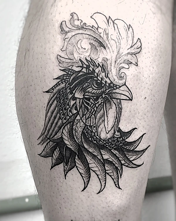 Gallo con plumas ornamentadas, sombreado en negro y grises sobre el muslo.